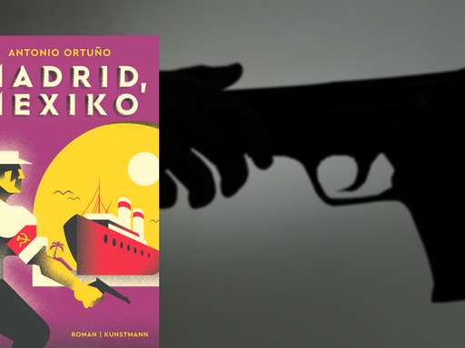 Cover von Antonio Ortuño: "Madrid, Mexiko", im Hintergrund überreichen sich zwei Hände eine Waffe
