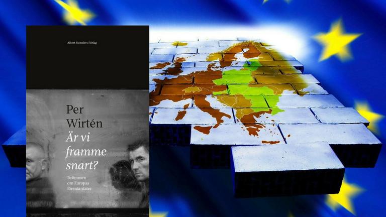Eine Landkarte der EU-Mitgliedsländer auf einer Wand aus Bausteinen, umrahmt von der EU-Flagge (Hintergrundbild). Buchcover (im Vordergrund) Eine Landkarte der EU-Mitgliedsländer auf einer Wand aus Bausteinen, umrahmt von der EU-Flagge (Hintergrundbild). Buchcover (im Vordergrund)