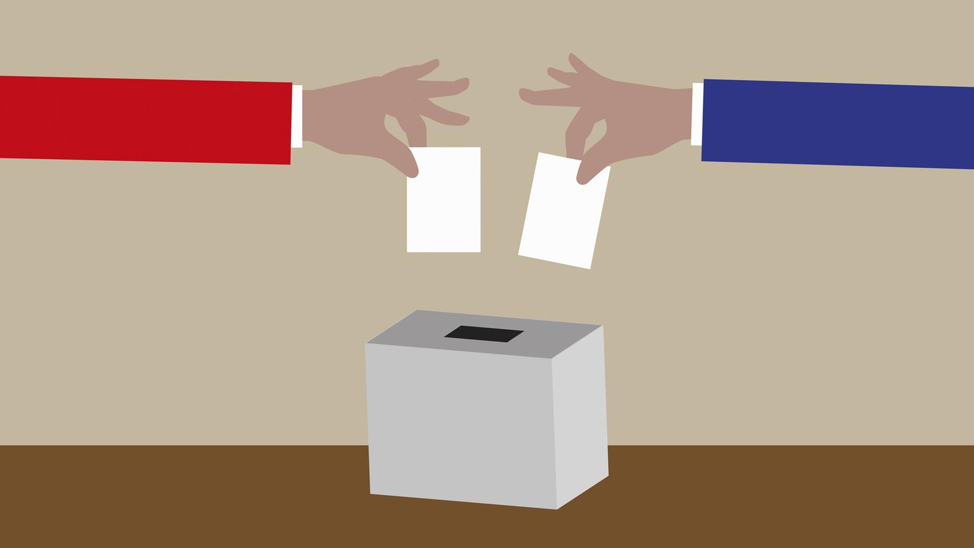 Eine Illustration zeigt einen roten und blauen Arm, die je einen Stimmzettel in eine Wahlurne stecken. Eine Illustration zeigt einen roten und blauen Arm, die je einen Stimmzettel in eine Wahlurne stecken.