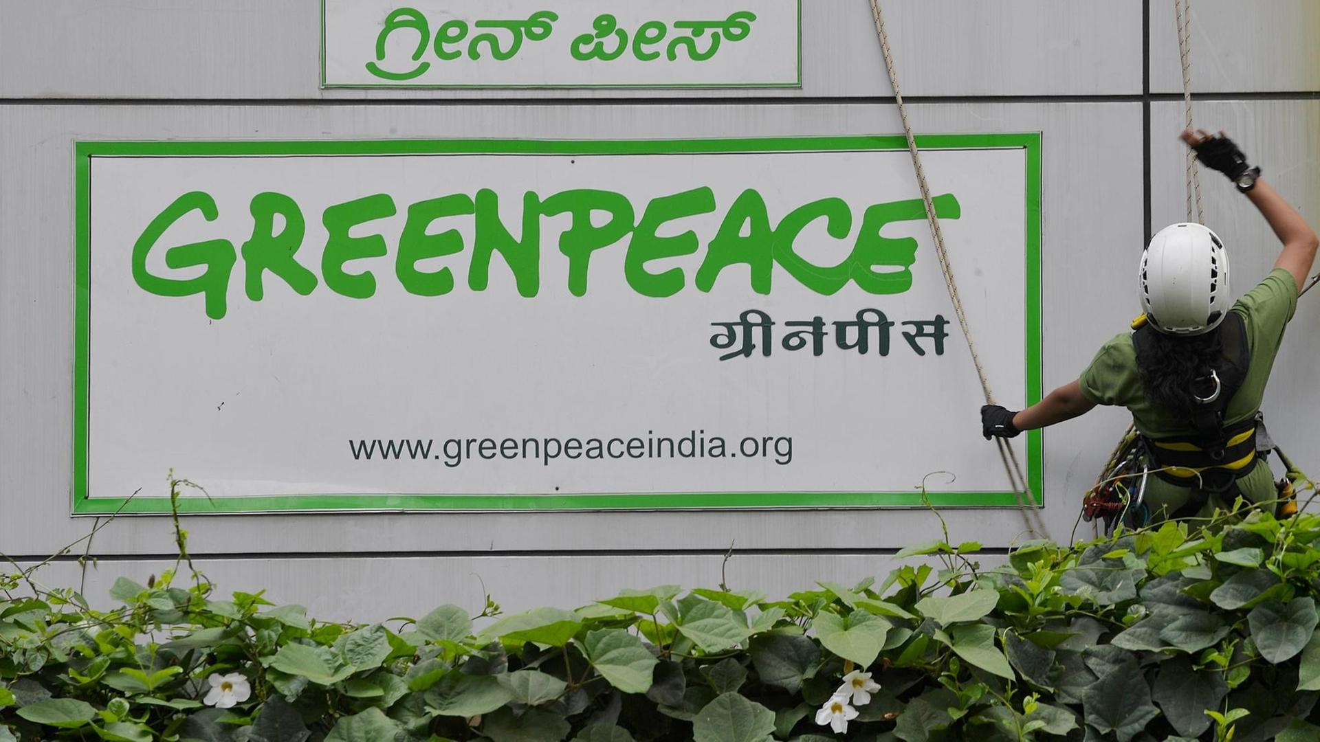 Greenpeace Aktivisten befestigen am 15. Mai 2015 große Banner an die Außenfassade des Hauptquartiers im indischen Bagalore, um gegen die Einschränkungen durch die Regierung Indiens zu demonstrieren. Greenpeace Aktivisten befestigen am 15. Mai 2015 große Banner an die Außenfassade des Hauptquartiers im indischen Bagalore, um gegen die Einschränkungen durch die Regierung Indiens zu demonstrieren.