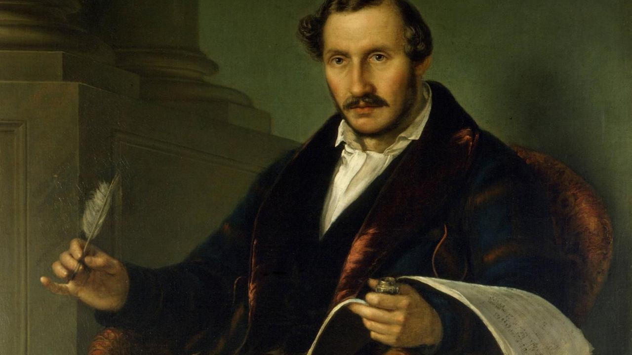 Auf dem Gemälde sitzt der Komponist auf einem rotbraunen Sessel, dabei hält er Notenpapier und Tintenfass in der einen Hand und die Feder in der anderen. Auf dem Gemälde sitzt der Komponist auf einem rotbraunen Sessel, dabei hält er Notenpapier und Tintenfass in der einen Hand und die Feder in der anderen.
