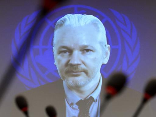 Julian Assange im Gespräch mit dem UN-Menschenrechtsrat. Assange wurde aus der ecuadorianischen Botschaft in London zugeschaltet.