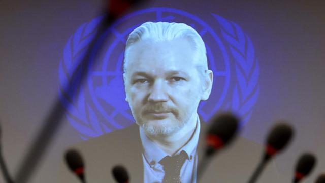 Julian Assange im Gespräch mit dem UN-Menschenrechtsrat. Assange wurde aus der ecuadorianischen Botschaft in London zugeschaltet.