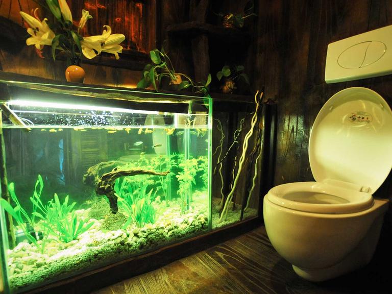 Toilette mit Blick auf ein Aquarium in China.