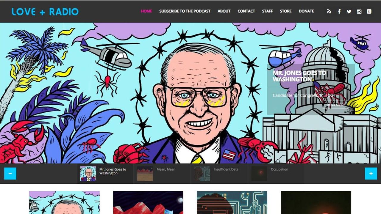 Die Seite des Podcasts "loveandradio.org" zeigt ein comicartiges Bild für die Folge "Mr. Jones Goes to Washington" Die Seite des Podcasts "loveandradio.org" zeigt ein comicartiges Bild für die Folge "Mr. Jones Goes to Washington"