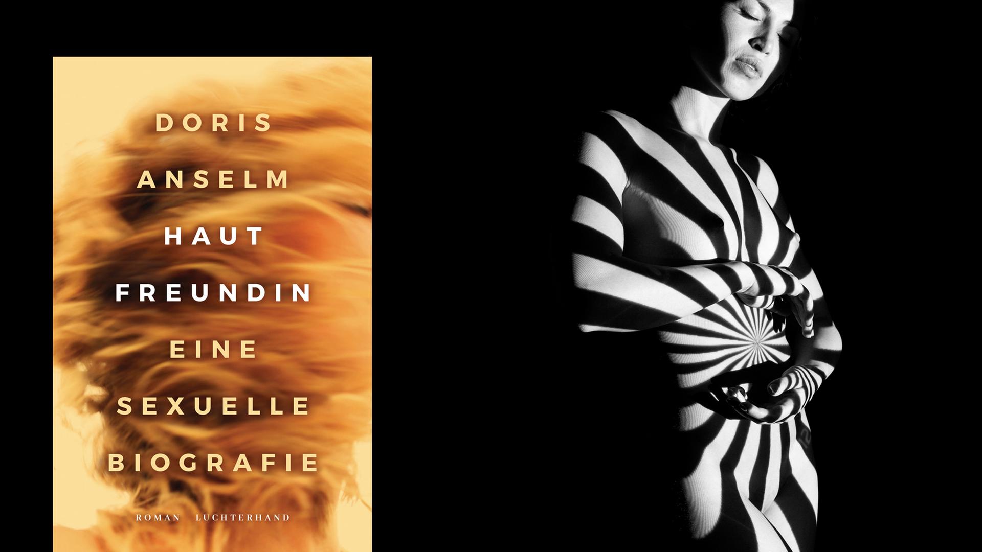 Im Vordergrund: Das Cover des Buches. Im Hintergrund: Zebrastreifen aus Licht über dem Körper einer Frau. Im Vordergrund: Das Cover des Buches. Im Hintergrund: Zebrastreifen aus Licht über dem Körper einer Frau.