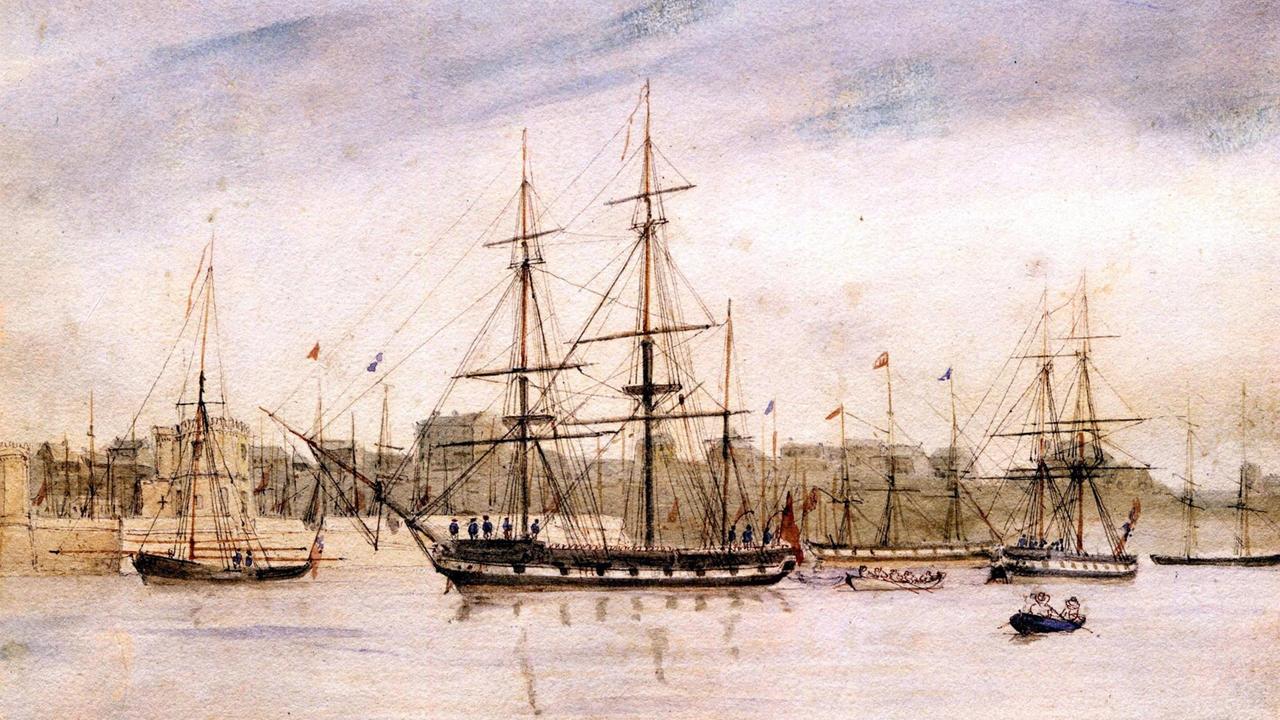 Die HMS Beagle im Hafen von Sydney im Jahr 1841: das Schiff, auf dem Charles Darwin als Naturforscher von 1831-1836 die südamerikanische Küste erkundete. Aquarell von Owen Stanley 1841.
