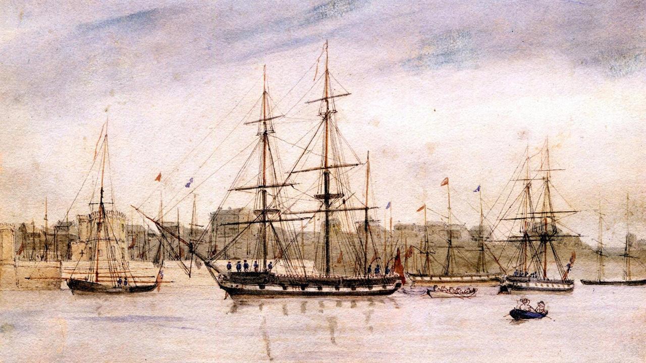 Die HMS Beagle im Hafen von Sydney im Jahr 1841: das Schiff, auf dem Charles Darwin als Naturforscher von 1831-1836 die südamerikanische Küste erkundete. Aquarell von Owen Stanley 1841. Die HMS Beagle im Hafen von Sydney im Jahr 1841: das Schiff, auf dem Charles Darwin als Naturforscher von 1831-1836 die südamerikanische Küste erkundete. Aquarell von Owen Stanley 1841.