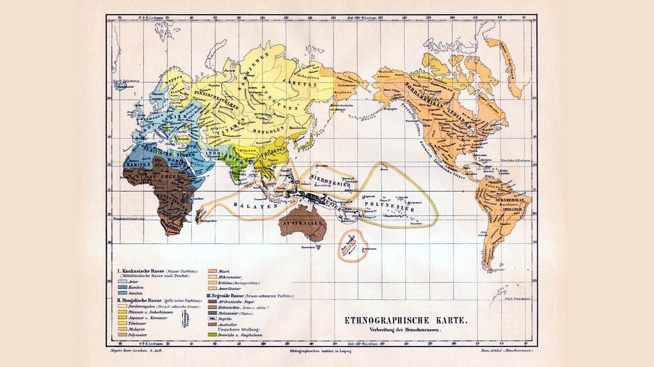 Auf der Weltkarte in Meyers Konversationslexikon (4.Auflage, Leipzig, 1885–1890) sind die "Verbreitungsgebiete der Menschenrassen" in verschiedenen Farben markiert - in Zentraleuropa die "Arier" in hellblau