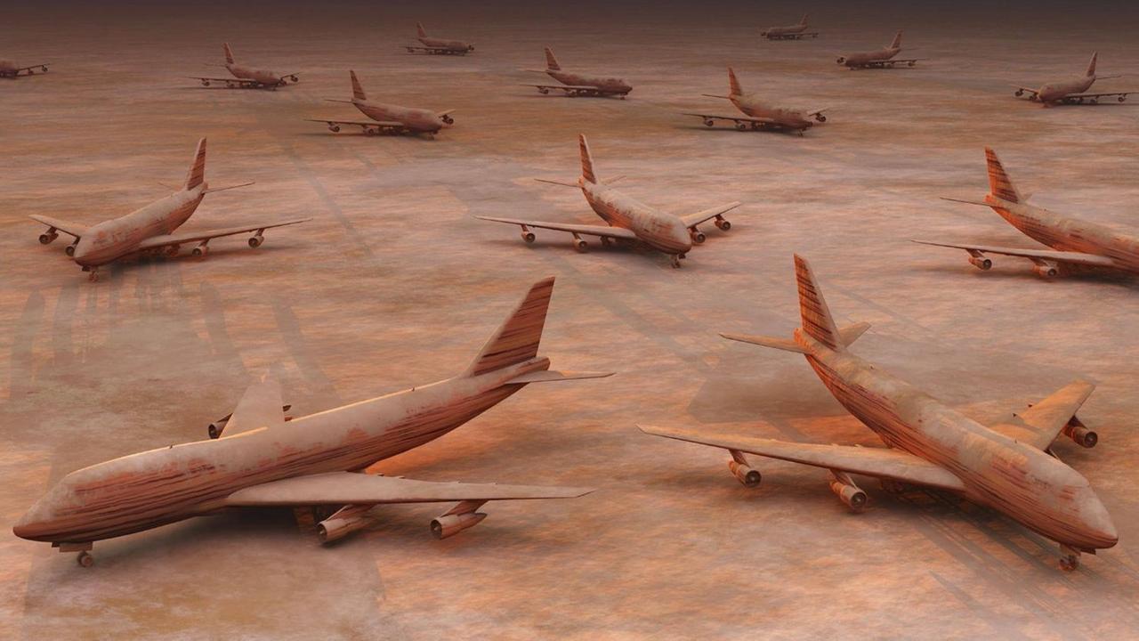 3D computer Illustration von vielen Flugzeugen auf dem Boden. 3D computer Illustration von vielen Flugzeugen auf dem Boden.