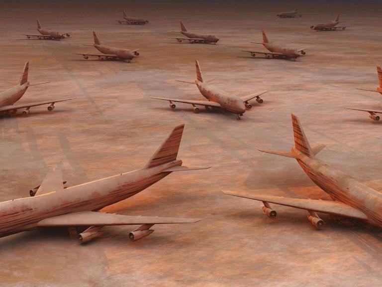 3D computer Illustration von vielen Flugzeugen auf dem Boden.