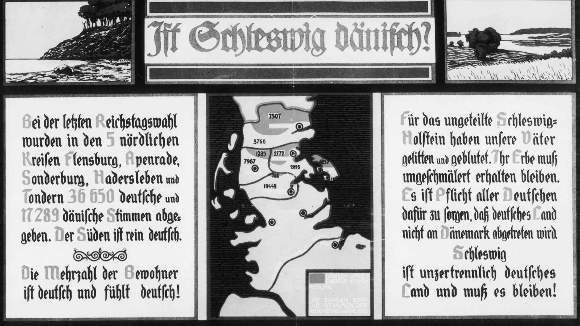 Ist Schleswig dänisch? Schleswig ist deutsch! Entwurf eines Pro-Deutschen Plakats von C. Kreutzfeld aus dem Jahre 1919 über die Volksabstimmung der territorialen Zugehörigkeit Nordschleswigs.