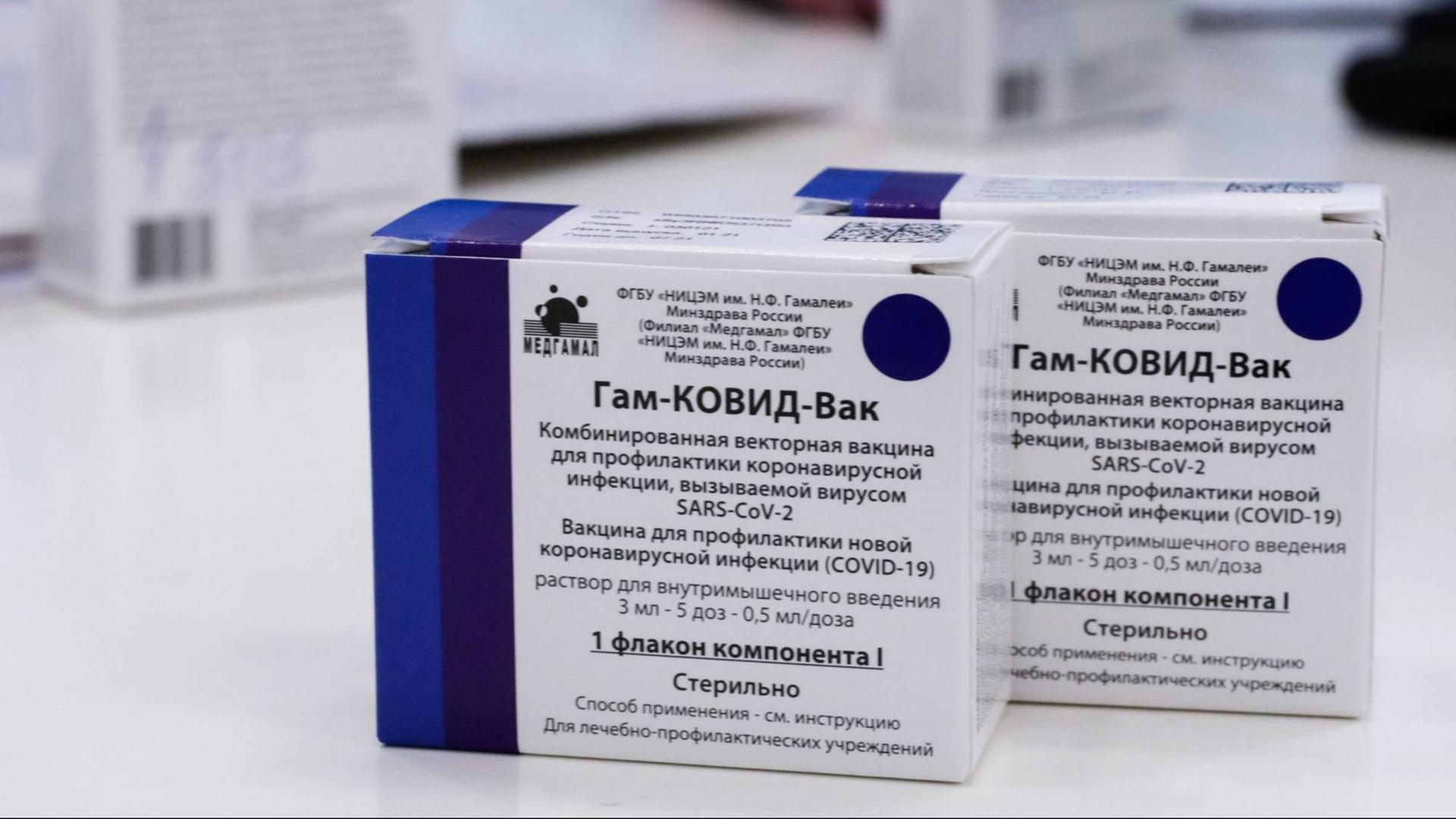 Das Foto zeigt zwei blau-weiße Medikamentenpackungen mit russischer Aufschrift, die den Covid-Impfstoff Sputnik V enthalten. Das Foto zeigt zwei blau-weiße Medikamentenpackungen mit russischer Aufschrift, die den Covid-Impfstoff Sputnik V enthalten.