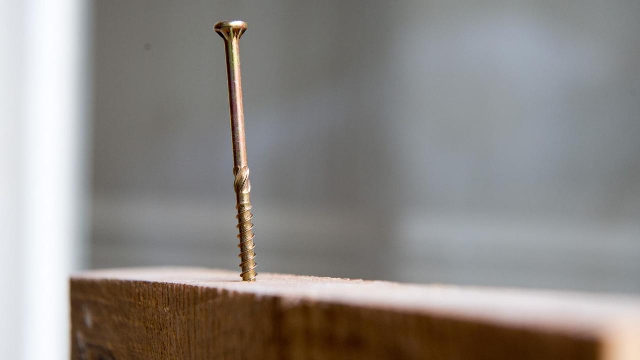 Eine Schraube ist mit der Spitze in eine Holzdiele geschraubt. Gewinde und Kopf ragen noch heraus. Eine Schraube ist mit der Spitze in eine Holzdiele geschraubt. Gewinde und Kopf ragen noch heraus.