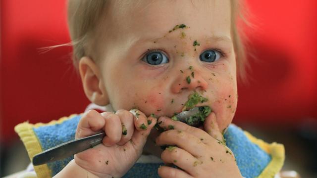 In der deutsch-polnischen Euro-Kita in Frankfurt (Oder) isst ein kleines Kind mit einem Löffel Spinat mit Kartoffeln - entsprechend verwschmiert ist das Gesicht, aufgenommen am 10.03.2009. Foto: Patrick Pleul +++(c) dpa - Report+++ | Verwendung weltweit