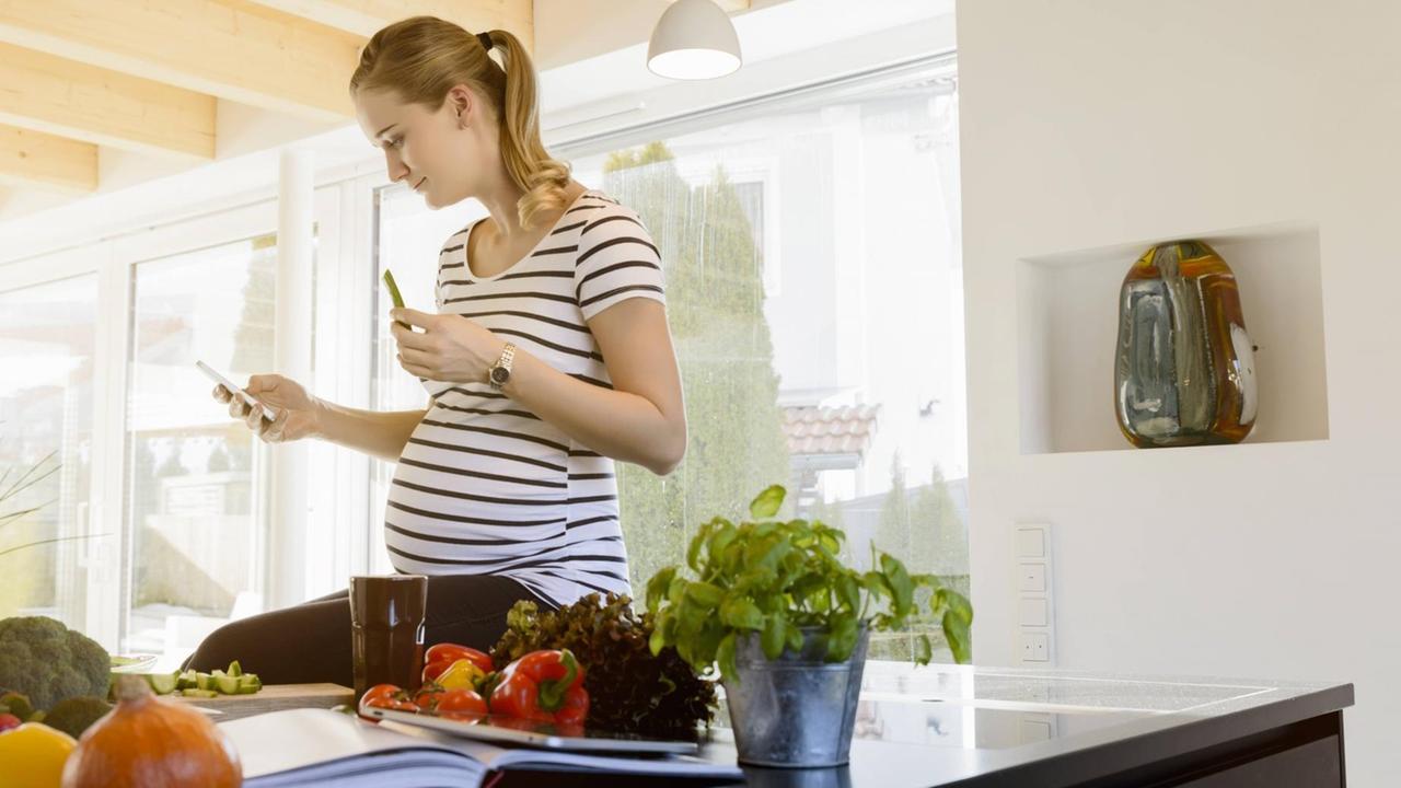 Eine schwangere Frau mit ihrem Handy in der Hand in der Küche Eine schwangere Frau mit ihrem Handy in der Hand in der Küche