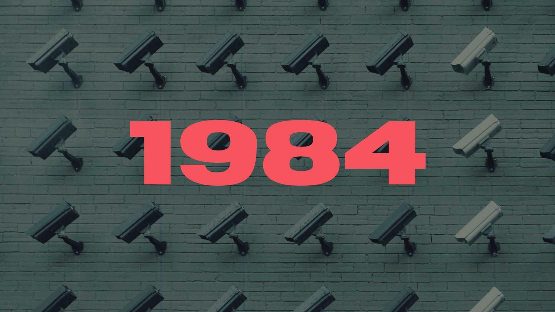 Die Zahl 1984 in roter Farbe. Im Hintergrund Überwachungskameras auf grünem Hintergrund. Die Zahl 1984 in roter Farbe. Im Hintergrund Überwachungskameras auf grünem Hintergrund.