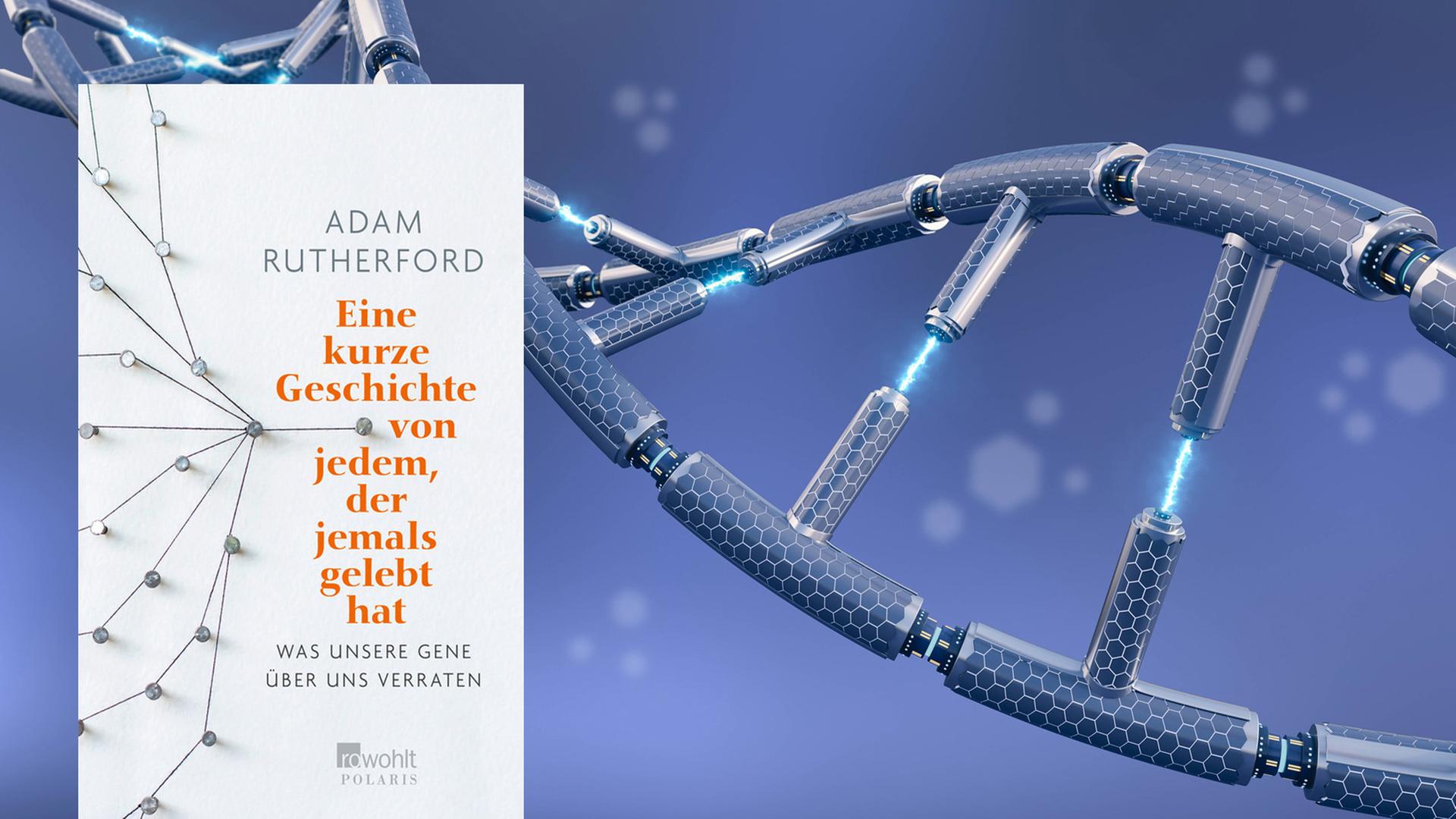 Im Vordergrund: Cover des Buches "Eine kurze Geschichte von jedem, der jemals gelebt hat. Was unsere Gene über uns verraten", im Hintergrund das Modell einer DNA. Im Vordergrund: Cover des Buches "Eine kurze Geschichte von jedem, der jemals gelebt hat. Was unsere Gene über uns verraten", im Hintergrund das Modell einer DNA.