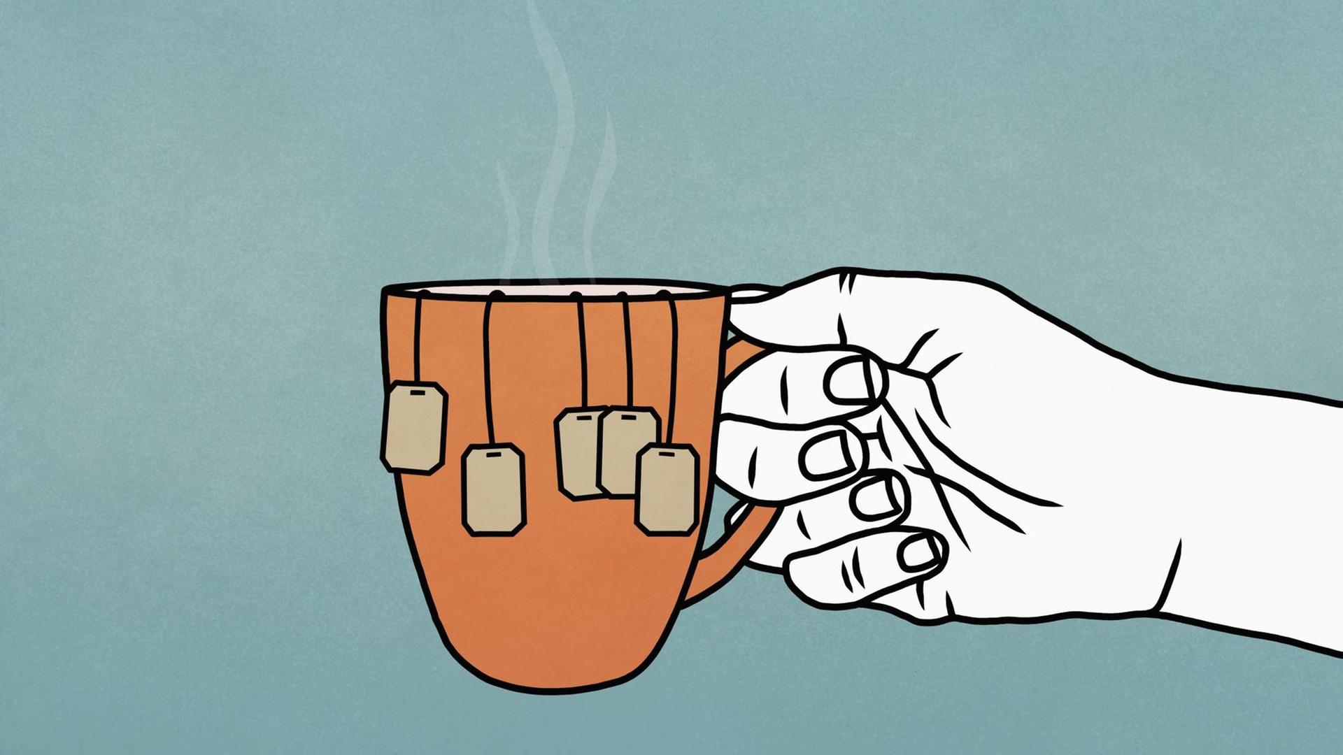 Illustration: Eine Hand hält eine Tasse mit vielen Teebeuteln.