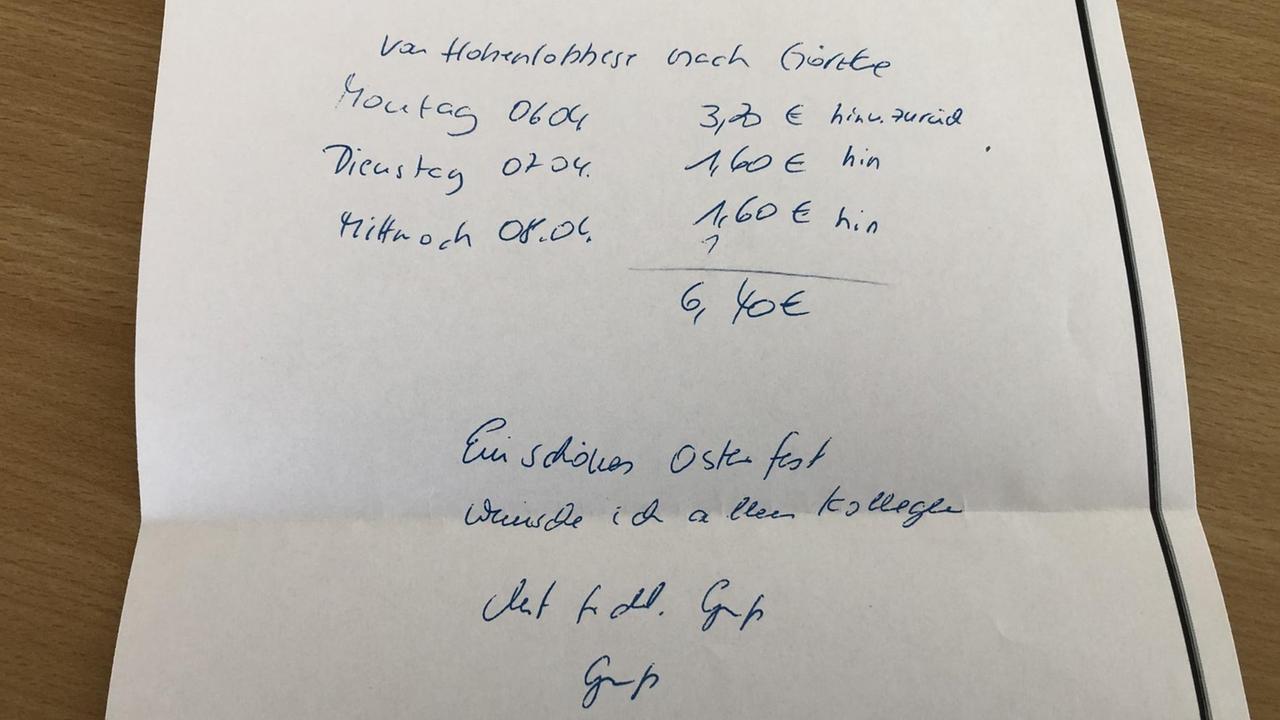 Ein handschriftlicher Brief mit einer Aufstellung getätigter Fahrten und Preisberechnung Ein handschriftlicher Brief mit einer Aufstellung getätigter Fahrten und Preisberechnung