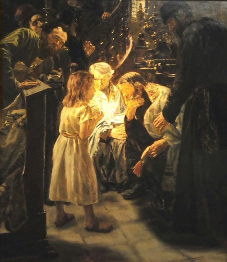 Besucher der Ausstellung "Der Jesus-Skandal - Ein Liebermann-Bild im Kreuzfeuer der Kritik" sehen sich am Mittwoch (25.11.2009) in der Liebermann-Villa in Berlin eine Fotografie des Orginal-Gemäldes "Der zwölfjährige Jesus im Tempel" von Max Liebermann an. Links hängt das Gemälde nach seiner Übermalung. Als das Werk 1879 erstmals auf der Internationalen Kunstausstellung in München gezeigt wurde, löste es einen derartigen Skandal aus, dass Liebermann die Figur des Jesus, an der viele Kritiker Anstoss nahmen, übermalte. Grund für den Aufschrei war damals die ungewohnt naturalistische Darstellung des Jesusknaben. Zudem war man darüber entrüstet, dass sich Liebermann als Jude an das christliche Motiv wagte. Infolge der Debatte veränderte Liebermann dann 1884 den ursprünglichen Jesusknaben in ein niedliches Kind mit goldenem Haar. Foto: Klaus-Dietmar Gabbert dpa +++(c) dpa - Report+++ | Verwendung weltweit Besucher der Ausstellung "Der Jesus-Skandal - Ein Liebermann-Bild im Kreuzfeuer der Kritik" sehen sich am Mittwoch (25.11.2009) in der Liebermann-Villa in Berlin eine Fotografie des Orginal-Gemäldes "Der zwölfjährige Jesus im Tempel" von Max Liebermann an. Links hängt das Gemälde nach seiner Übermalung. Als das Werk 1879 erstmals auf der Internationalen Kunstausstellung in München gezeigt wurde, löste es einen derartigen Skandal aus, dass Liebermann die Figur des Jesus, an der viele Kritiker Anstoss nahmen, übermalte. Grund für den Aufschrei war damals die ungewohnt naturalistische Darstellung des Jesusknaben. Zudem war man darüber entrüstet, dass sich Liebermann als Jude an das christliche Motiv wagte. Infolge der Debatte veränderte Liebermann dann 1884 den ursprünglichen Jesusknaben in ein niedliches Kind mit goldenem Haar. Foto: Klaus-Dietmar Gabbert dpa +++(c) dpa - Report+++ | Verwendung weltweit