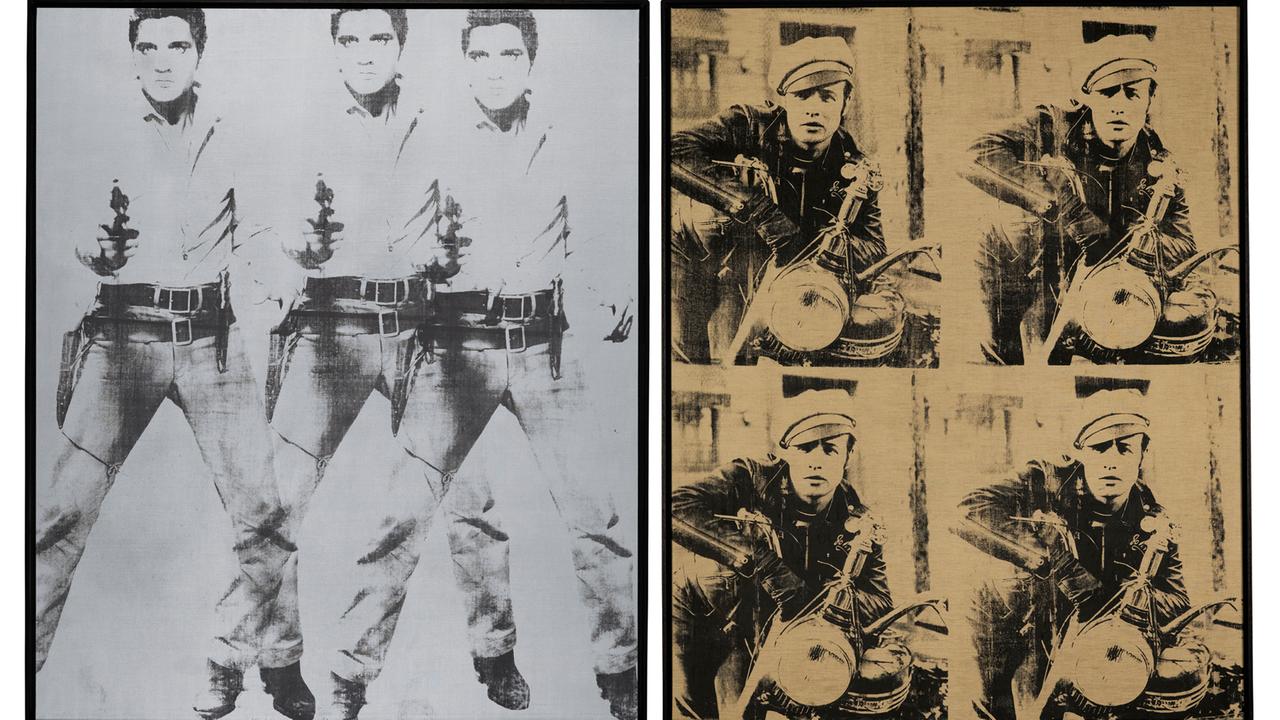 Die Andy Warhol Kunstwerke (l-r) "Triple Elvis" (1963) und "Four Marlon" (1966). Die Kunstwerke wurden 2014 versteigert.