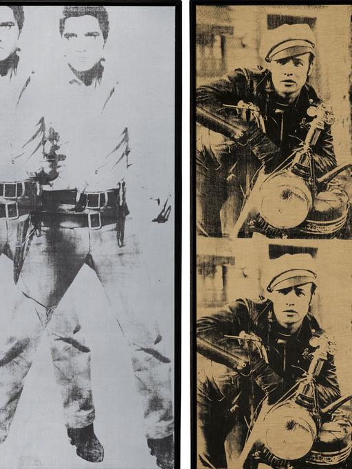 Die Andy Warhol Kunstwerke (l-r) "Triple Elvis" (1963) und "Four Marlon" (1966). Die Westdeutschen Spielbanken wollen in New York zwei ihrer wichtigsten Bilder versteigern lassen und erhoffen sich dafür 100 Millionen Euro.
