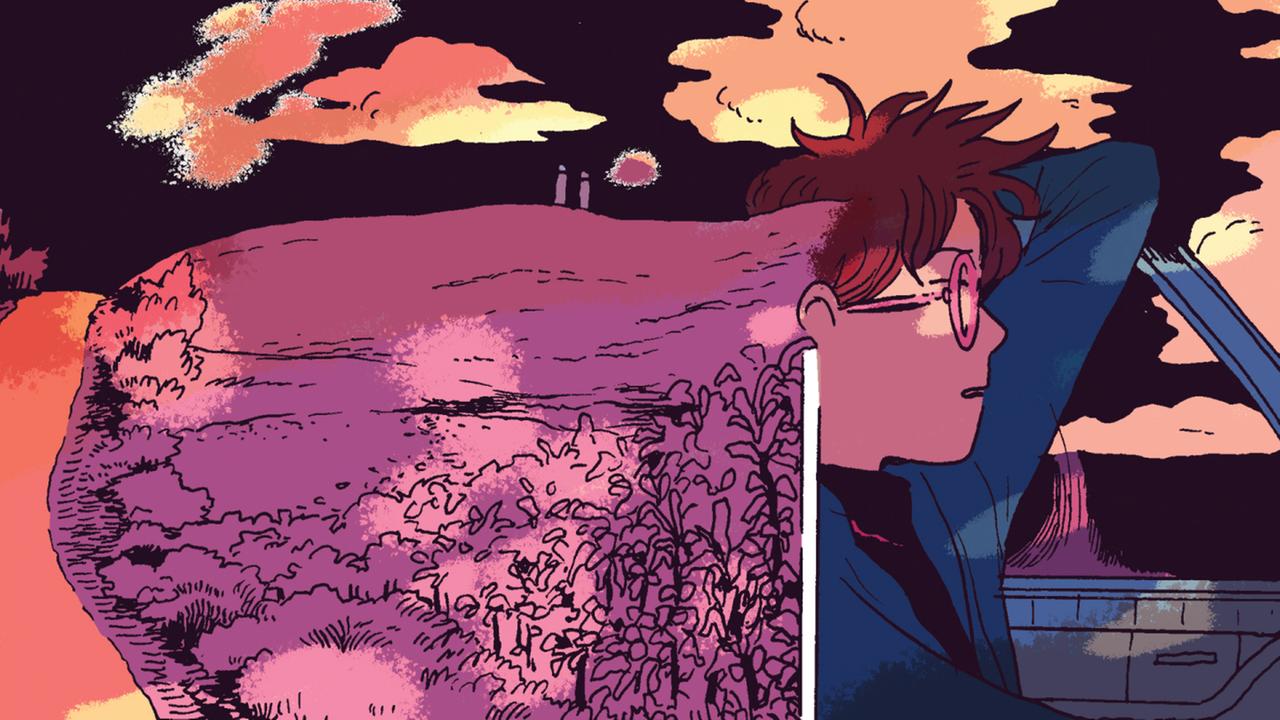 Eine Szene aus dem Comix WEST, WEST TEXAS. Die Protagonistin sitzt am Steuer eines Autos, aus ihrem Hinterkopf wächst eine gedankliche Blase. Eine Szene aus dem Comix WEST, WEST TEXAS. Die Protagonistin sitzt am Steuer eines Autos, aus ihrem Hinterkopf wächst eine gedankliche Blase.