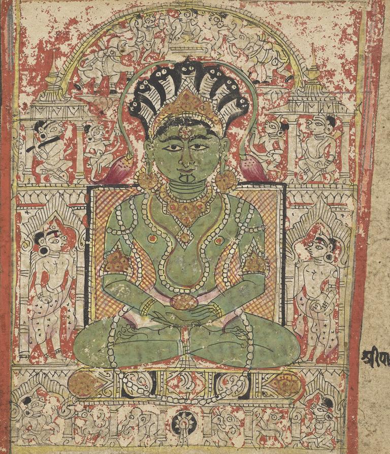 Der Ausschnitt einer Kalpasutra-Manuskriptseite zeigt Parshvanatha, den 23. Tirthankara. Patan, Gujarat, um 1375 Der Ausschnitt einer Kalpasutra-Manuskriptseite zeigt Parshvanatha, den 23. Tirthankara. Patan, Gujarat, um 1375