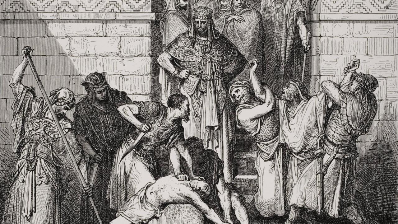 Die Söhne Zedekiahs werden vor dessen Augen getötet - Illustration einer Bibelszene von Gustave Doré