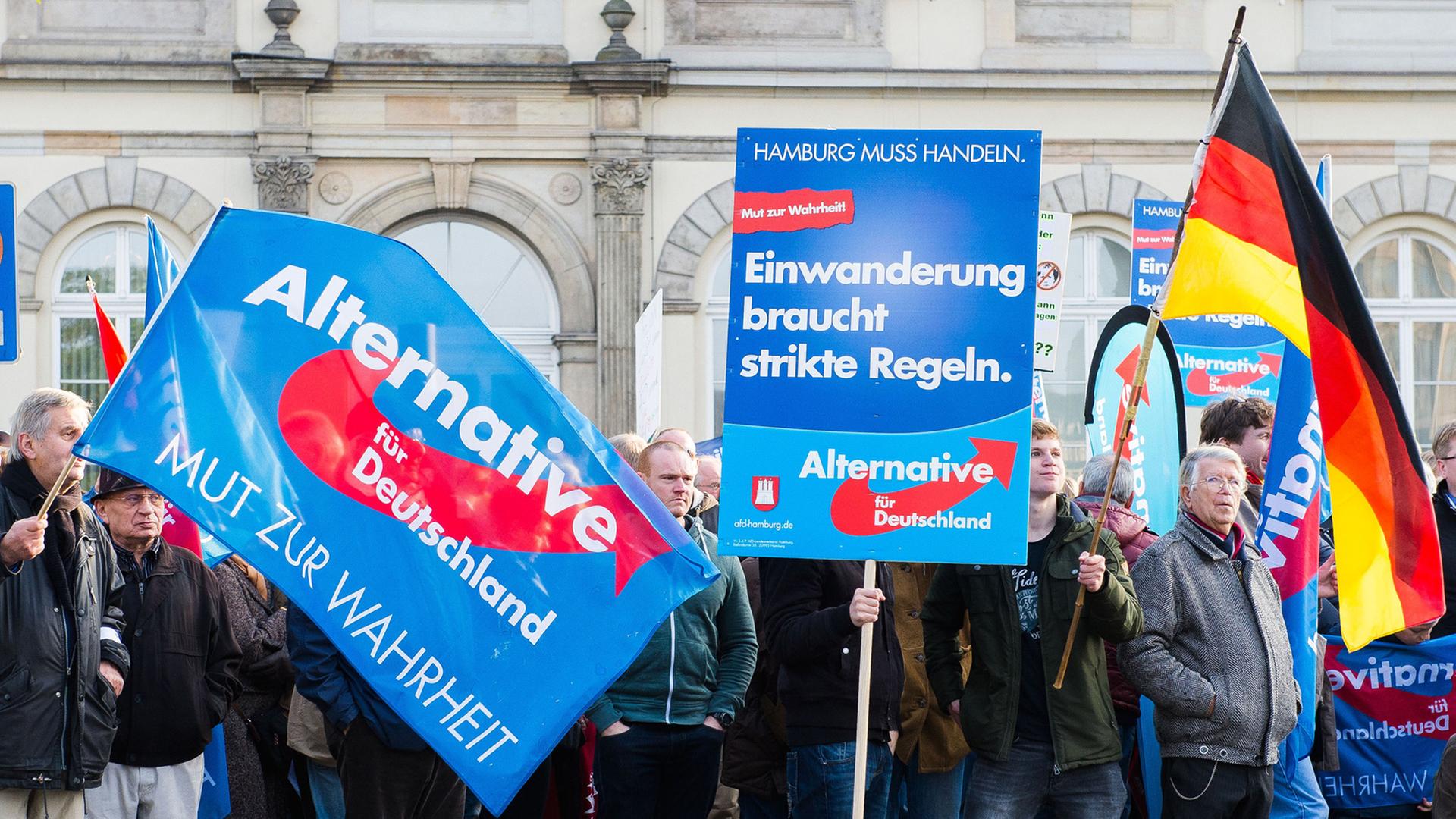 Anhänger der Partei Alternative für Deutschland (AfD) halten in Hamburg während einer Kundgebung Fahnen und ein Plakat mit der Aufschrift "Einwanderung braucht strikte Regeln" hoch. Anhänger der Partei Alternative für Deutschland (AfD) halten in Hamburg während einer Kundgebung Fahnen und ein Plakat mit der Aufschrift "Einwanderung braucht strikte Regeln" hoch.