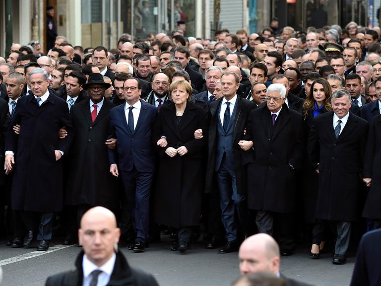 Viele Staats- und Regierungschefs kamen zum Trauermarsch nach Paris am 11.01.2015