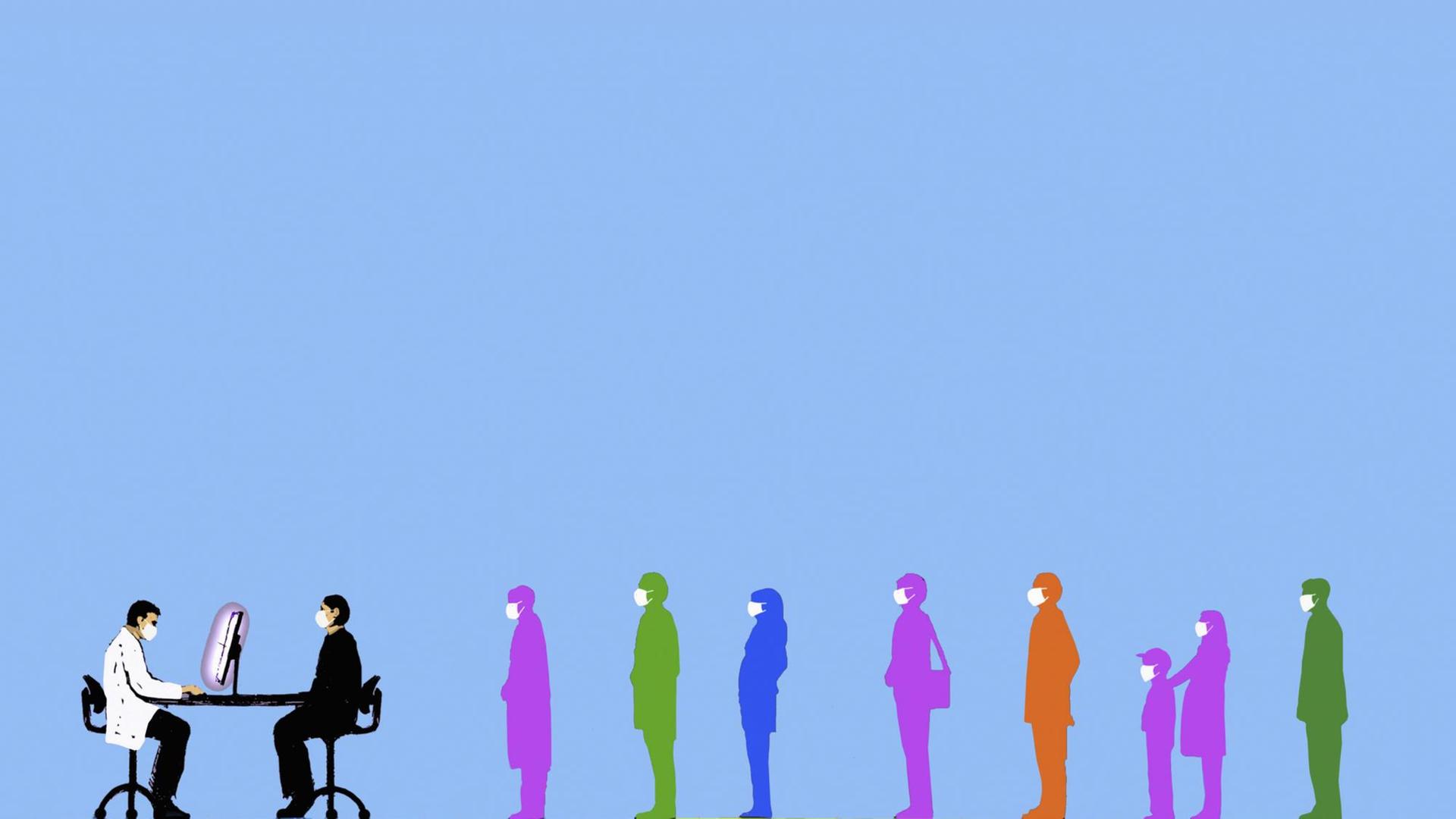 Illustration: Patienten mit Gesichtsmasken in einer Warteschlange vor einem Arzt. Illustration: Patienten mit Gesichtsmasken in einer Warteschlange vor einem Arzt.
