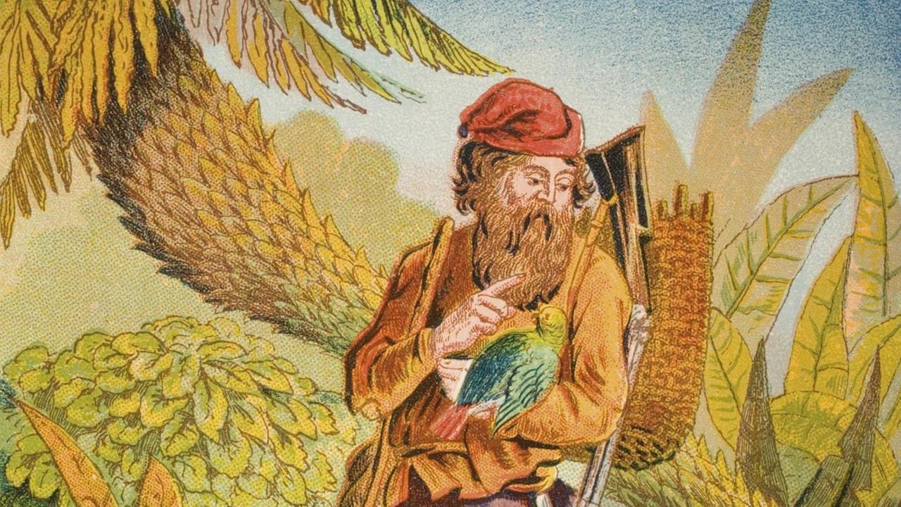 Robinson Crusoe steht am Rande des Dschungels und spricht zu einem Papagei. Robinson Crusoe steht am Rande des Dschungels und spricht zu einem Papagei.
