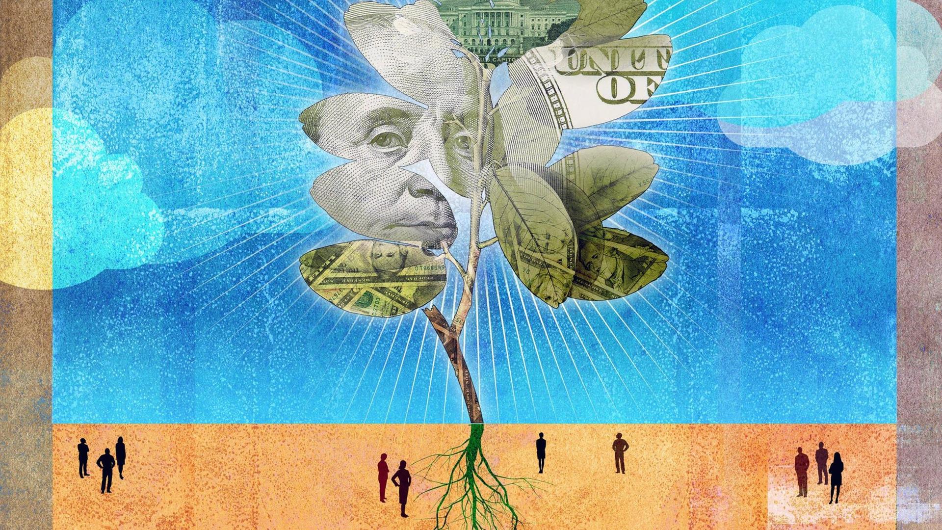 Illustration eines Baumes der aus Dollarnoten wächst. Illustration eines Baumes der aus Dollarnoten wächst.