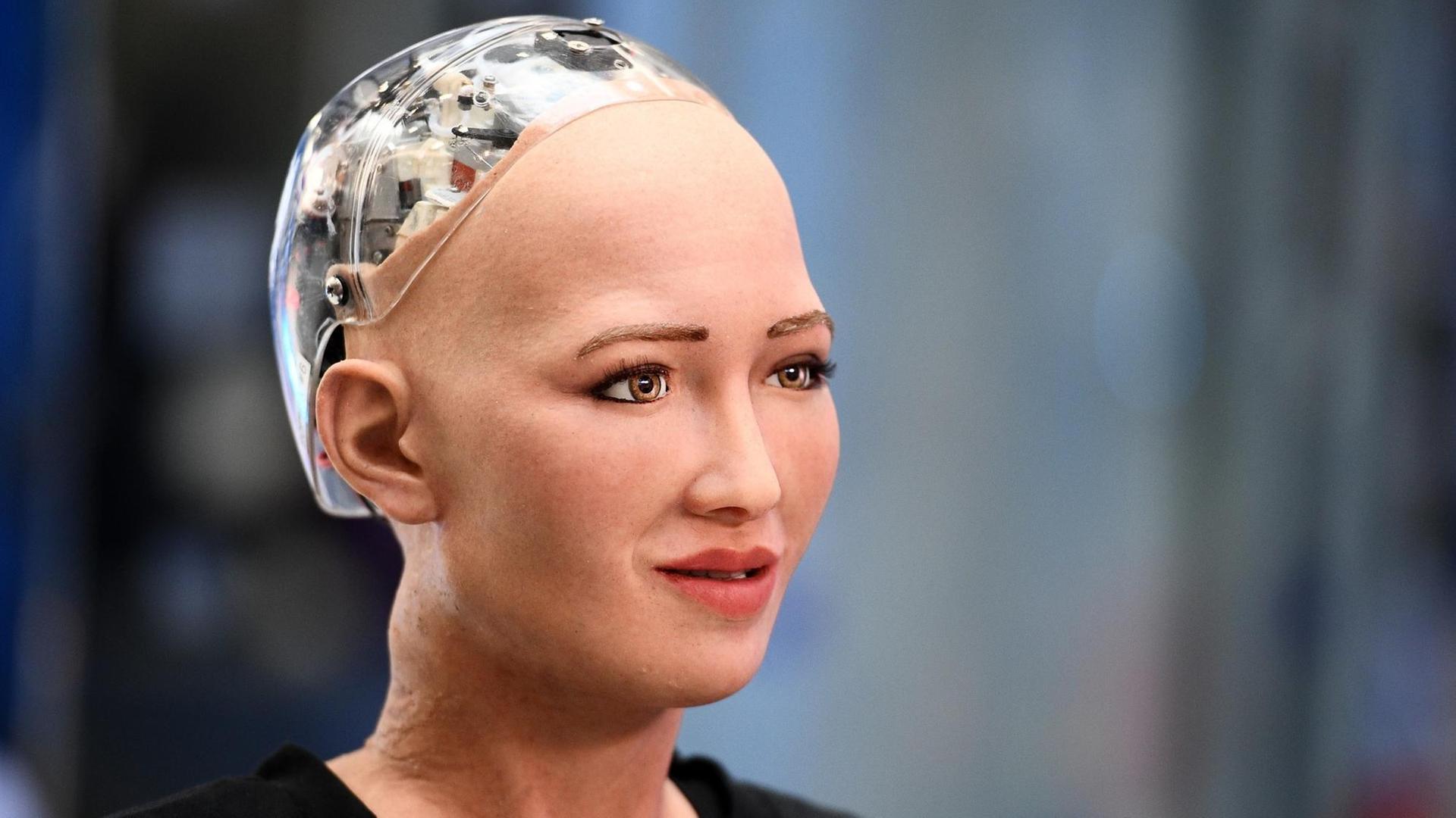 Der Roboter Sophia wird von Entwickler David Hanson (Hanson Robotics) auf dem Moskauer Forum "Open Innovations 2017" vorgestellt. Der Roboter Sophia wird von Entwickler David Hanson (Hanson Robotics) auf dem Moskauer Forum "Open Innovations 2017" vorgestellt.