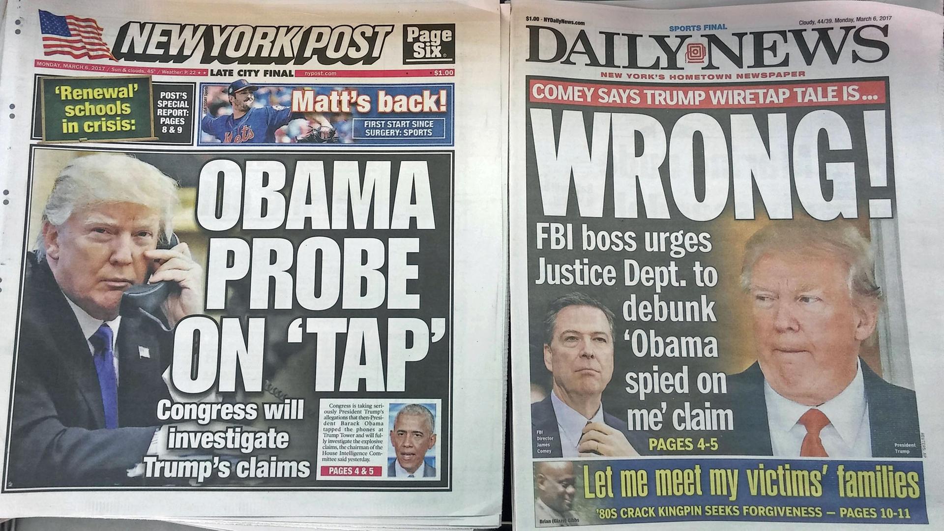 In einem New Yorker Kiosk liegen am 6.3.2017 Zeitungen mit Schlagzeilen zu Donald Trumps Vorwurf, sein Amtsvorgänger Barack Obama habe ihn im US-Wahlkampf abgehört.