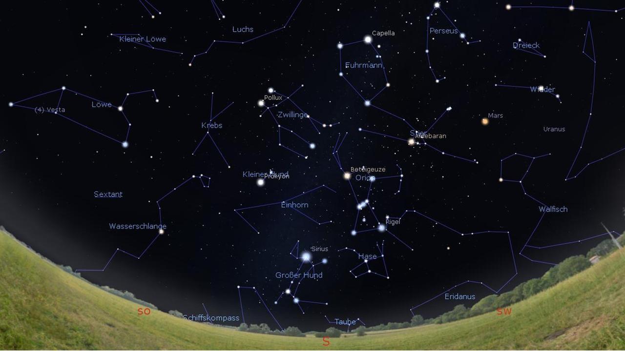 Der Südhimmel am 1. Februar gegen 22 Uhr, zur Monatsmitte um 21 Uhr und am Monatsletzten gegen 20 Uhr Der Südhimmel am 1. Februar gegen 22 Uhr, zur Monatsmitte um 21 Uhr und am Monatsletzten gegen 20 Uhr