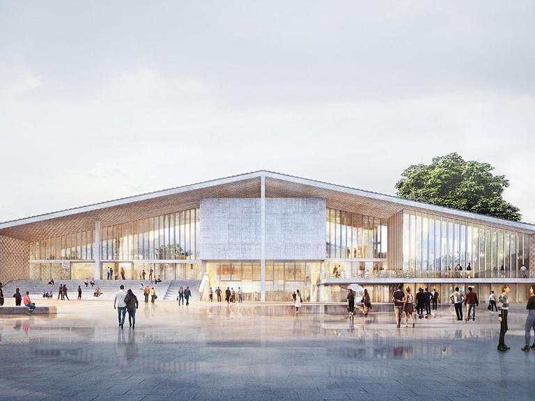 Stand der Planungen für das Museum des 20. Jahrhunderts am Kulturforum, Herbst 2018. Fassade Nordeingang, Scharounplatz: Die großflächig verglaste Fassade zum Scharounplatz wirkt einladend und verbindet das Museum mit dem umgebenden Stadtraum.