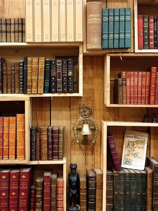 In einer Regalwand aus Holzkästen stehen alte Bücherbände.