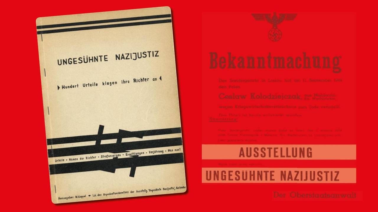 Eine Collage zusammengesetzt aus dem Ausstellungsplakat mit Werbung für die Berliner Ausstellung "Ungesühnte Nazijustiz" im März 1960 und das Cover der von Wolfgang Koppel, dem hiesigen Karlsruher SDS-Verantwortlichen für die Ausstellung 1959, der im Sommer 1960 herausgegeben Broschüre mit einer Auswahl der ausgestellten Urteile sowie Namenlisten. Das Exemplar befindet sich im Bestand des Stadtarchivs Karlsruhe. Eine Collage zusammengesetzt aus dem Ausstellungsplakat mit Werbung für die Berliner Ausstellung "Ungesühnte Nazijustiz" im März 1960 und das Cover der von Wolfgang Koppel, dem hiesigen Karlsruher SDS-Verantwortlichen für die Ausstellung 1959, der im Sommer 1960 herausgegeben Broschüre mit einer Auswahl der ausgestellten Urteile sowie Namenlisten. Das Exemplar befindet sich im Bestand des Stadtarchivs Karlsruhe.