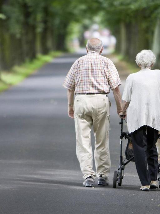 Ein Ehepaar geht in Potsdam eine Allee entlang. Die Frau schiebt einen Rollator.