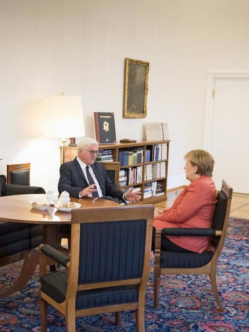 Nach dem Ende der Sondierungsgespräche: Bundeskanzlerin Angela Merkel und Bundespräsident Frank-Walter Steinmeier unterhalten sich zu Beginn ihres Treffens in Schloss Bellevue in Berlin