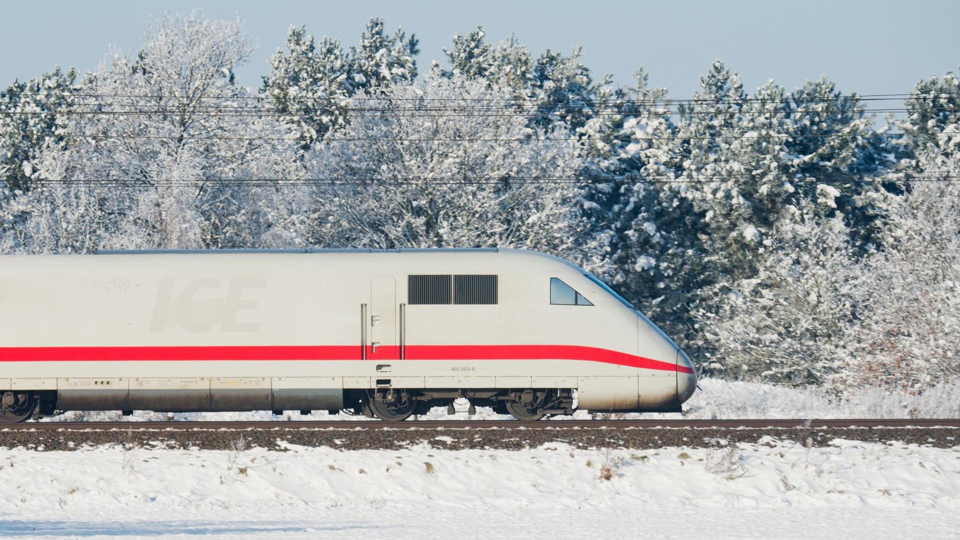 Ein ICE der Deutschen Bahn fährt im Janur 2016 bei Schnee und Eis auf der Bahnstrecke Hannover - Berlin bei Schwüblingsen in der Region Hannover (Niedersachsen).