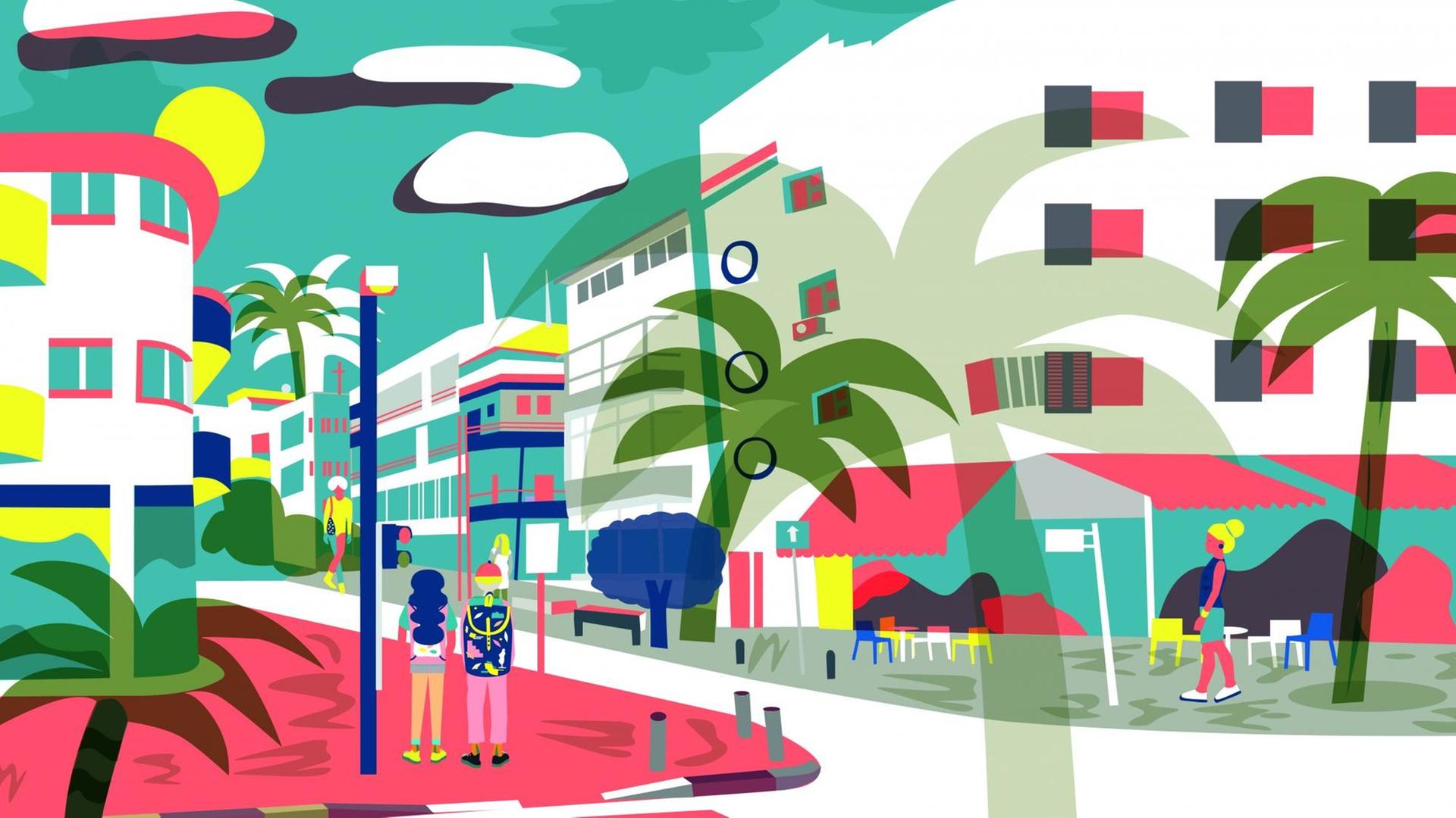 Auf der Illustration aus dem Buch "Mit dem Bauhaus um die Welt" ist eine Straßenszene in Tel Aviv gezeichnet. Auf der Illustration aus dem Buch "Mit dem Bauhaus um die Welt" ist eine Straßenszene in Tel Aviv gezeichnet.