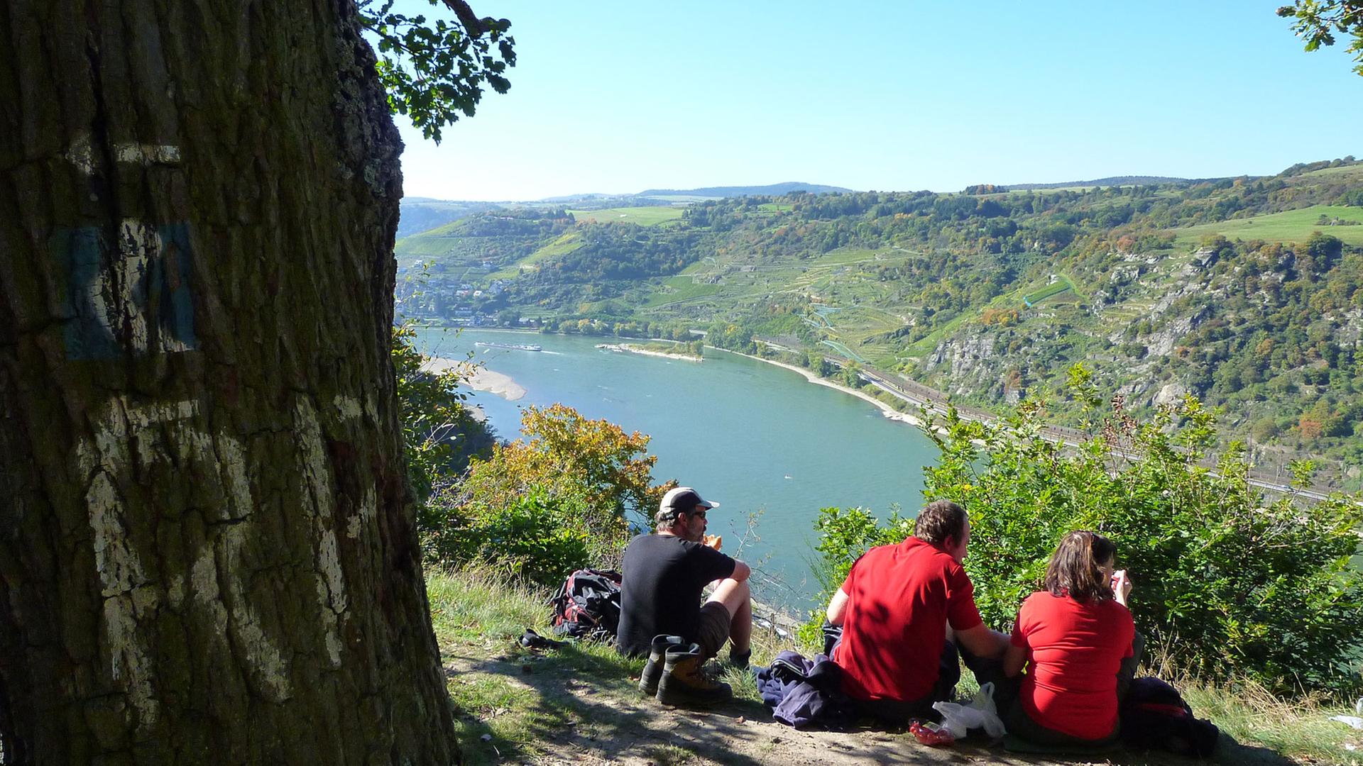 Wanderer machen am Rheinsteig zwischen Kaub und St.Goarshausen oberhalb des Flusses eine Pause. Der Fernwanderweg Rheinsteig geht über etwa 320 Kilometer von Wiesbaden bis nach Bonn. Wanderer machen am Rheinsteig zwischen Kaub und St.Goarshausen oberhalb des Flusses eine Pause. Der Fernwanderweg Rheinsteig geht über etwa 320 Kilometer von Wiesbaden bis nach Bonn.