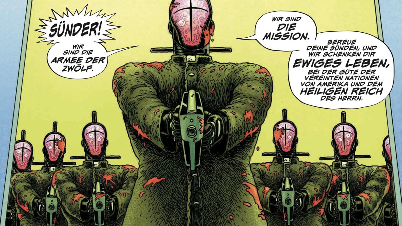 Im Panel aus "Little Bird" zielen maskierte Gestalten mit Waffen auf den Betrachter. Eine Sprechblase verkündet: "Sünder! Wir sind die Armee der Zwölf!" Im Panel aus "Little Bird" zielen maskierte Gestalten mit Waffen auf den Betrachter. Eine Sprechblase verkündet: "Sünder! Wir sind die Armee der Zwölf!"
