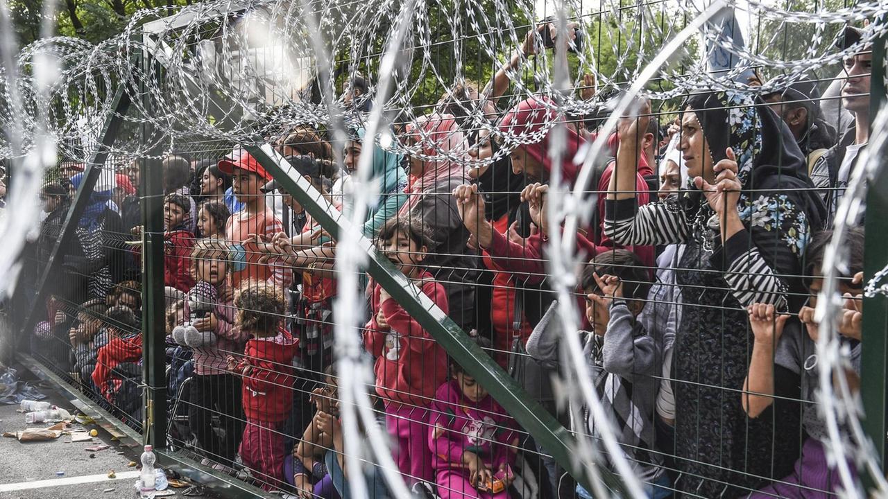 Flüchtlinge hinter dem Zaun an der ungarisch-serbischen Grenze bei Horgos Flüchtlinge hinter dem Zaun an der ungarisch-serbischen Grenze bei Horgos