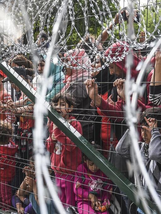 Geflüchtete hinter dem Zaun an der ungarisch-serbischen Grenze bei Horgos