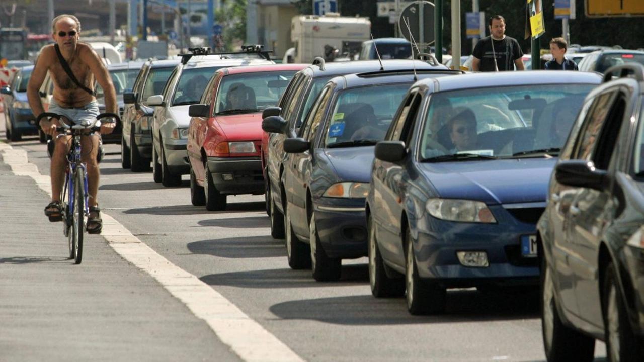 Rushour in der Innenstadt von Halle: Ein Fahradfahrer fährt an einer Reihe von im Stau stehenden Autos vorbei (27.08.2008). Rushour in der Innenstadt von Halle: Ein Fahradfahrer fährt an einer Reihe von im Stau stehenden Autos vorbei (27.08.2008).